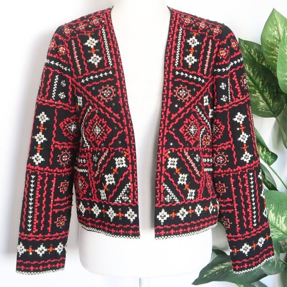 Zara Black Red Embroidered Beaded Open Front Crop Blazer Ethnic Dressy Statement - Picture 7 of 16